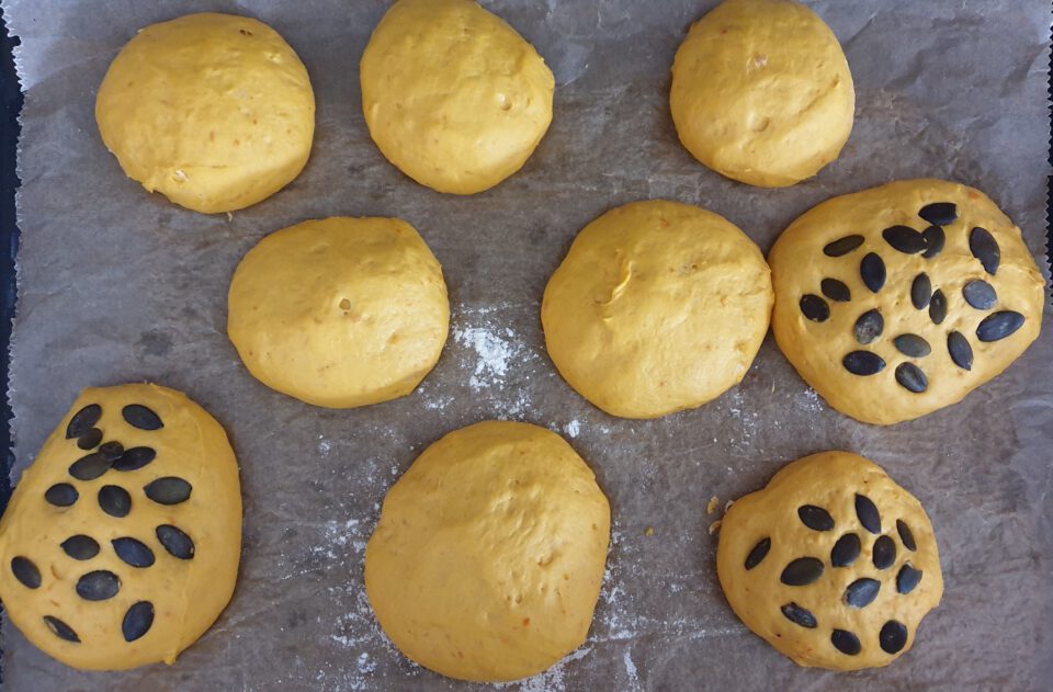 Kürbisbrötchen geformt auf einem Backblech